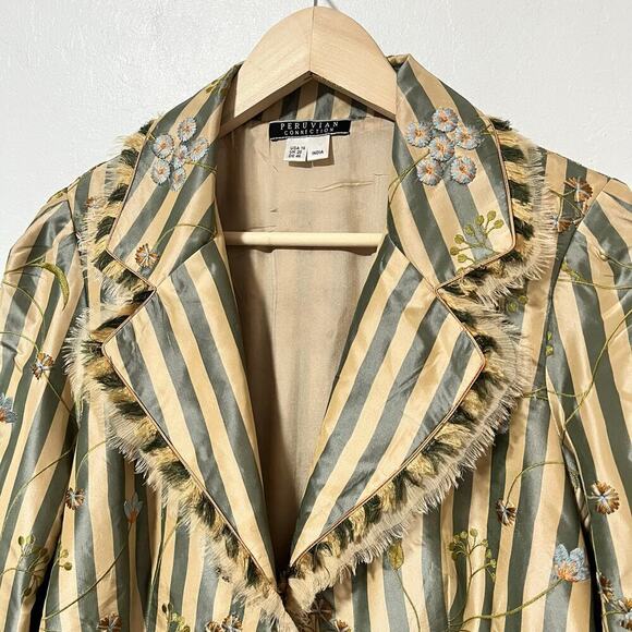 Peruvian Connection Silk Edwardian Embroidered Jacket Size 16 Striped Artsy FLAW - Picture 3 of 15
